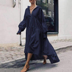 Casual Loose Pure V neck Long sleeve Gored Irregular Maxi Dresses