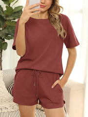 Women plain round neck short sleeve elegant suits