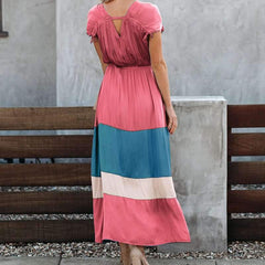 Fashion Gored Short sleeve Skater V neck Maxi Dresses