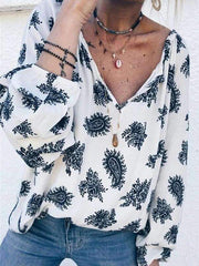 Fashion Print Long sleeve V neck Blouse