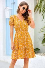 Fashion Print Falbala V neck Short sleeve Skater Dresses