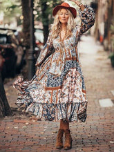Casual Print V neck Long sleeve Lacing Maxi Dresses