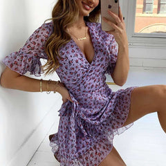 Fashion Print V neck Short sleeve Falbala Skater Dresses