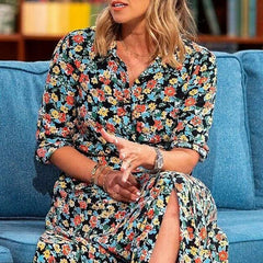 Fashion Print Lacing Lapel Long sleeve Maxi Dresses