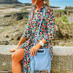 Fashion Print Lacing Lapel Long sleeve Maxi Dresses