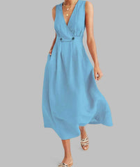 Casual Loose Pure V neck Sleeveless Skater Maxi Dresses