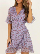 Fashion Print V neck Short sleeve Falbala Skater Dresses