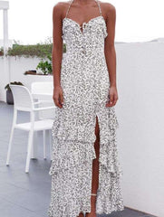 Fashion Point print Sleeveless Vest Falbala Maxi Dresses