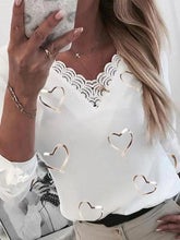 Love printed v neck lace women long sleeve T-shirts