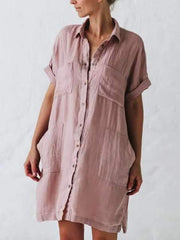 Fashion Pure Lapel Pocket Short sleeve Shift Dresses