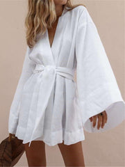 Casual Pure V neck Long sleeve Lacing Shift Dresses