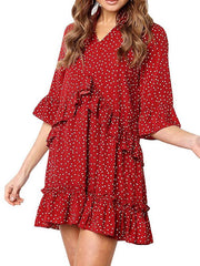 Loose V neck chiffon ruffled point spring and summer shift dress