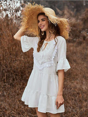 Fashion Gored Pure Falbala Half sleeve Lacing Shift Dresses