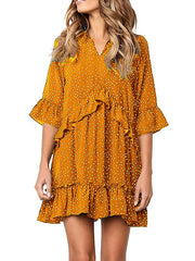 Loose V neck chiffon ruffled point spring and summer shift dress