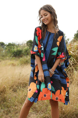Casual Loose Floral print Round neck Long sleeve Shift Dresses