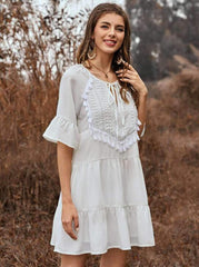 Fashion Gored Pure Falbala Half sleeve Lacing Shift Dresses