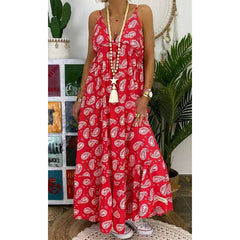Fashion Print V neck Sleeveless Maxi Dresses