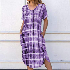 Fashion Print V neck Short sleeve Maxi Dresses