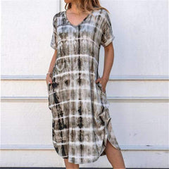 Fashion Print V neck Short sleeve Maxi Dresses