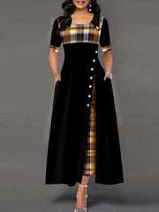 Fashion Plaid print Gored Short sleeve Maxi Dresses
