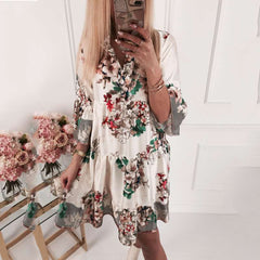 Fashion Casual Print Three quarter sleeve V neck Shift Dresses