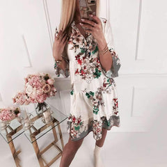 Fashion Casual Print Three quarter sleeve V neck Shift Dresses