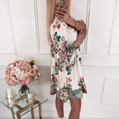 Fashion Casual Print Three quarter sleeve V neck Shift Dresses