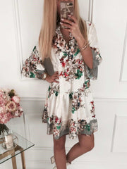 Fashion Casual Print Three quarter sleeve V neck Shift Dresses