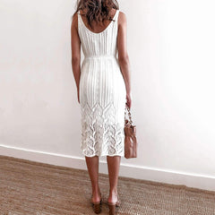 Fashion Casual Pure V neck Vest Lace Hollow out Skater Dresses