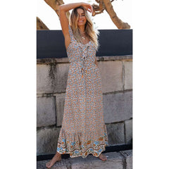 Casual V neck Print Sleeveless Vest Maxi Dresses