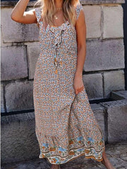 Casual V neck Print Sleeveless Vest Maxi Dresses
