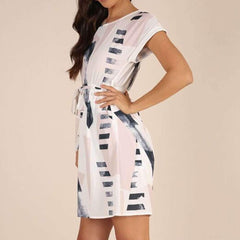 Fashion Print Round neck Short sleeve Lacing Shift Dresses
