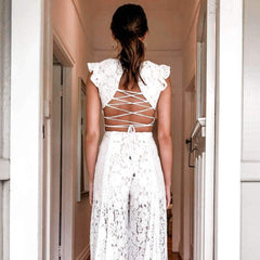 Casual Pure V neck Lace Hollow out Backless Jumpsuits