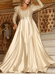 Deep V big swing sexy sequined long sleeve evening dresses