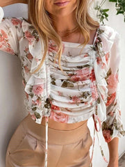 Fashion Print Long sleeve Lacing Square collar Blouses