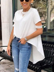 Casual Pure Round neck Short sleeve Irregular T-Shirts