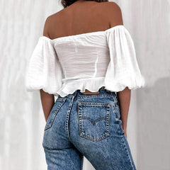 Pure Casual Sexy V neck Puff sleeve Lacing T-Shirts