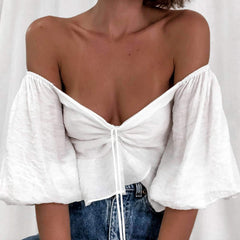 Pure Casual Sexy V neck Puff sleeve Lacing T-Shirts