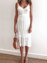 Fashion Casual Pure V neck Vest Lace Hollow out Skater Dresses