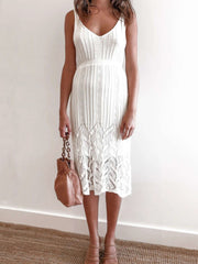 Fashion Casual Pure V neck Vest Lace Hollow out Skater Dresses