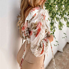 Fashion Print Long sleeve Lacing Square collar Blouses