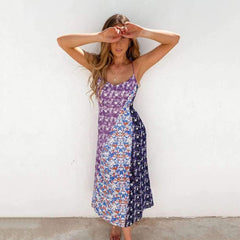 Fashion Print Gored Vest Sleeveless Backless Maxi Dresses
