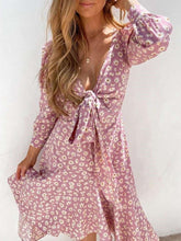 Casual Print V neck Long sleeve Lacing Skater Dresses