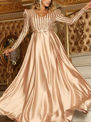 Deep V big swing sexy sequined long sleeve evening dresses