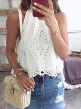 Women banc neck white hollow out vests