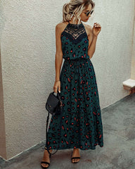 Fashion Print Lace Halter Sleeveless Skater Maxi Dresses