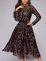 Women lace printed long sleeve skater dresses