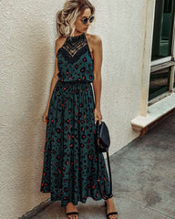 Fashion Print Lace Halter Sleeveless Skater Maxi Dresses