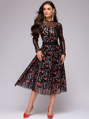 Women lace printed long sleeve skater dresses