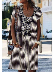 Casual Loose Stripe Round neck Short sleeve Shift Dresses
